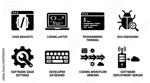 Software Development Icons for Coding, Debugging, and Deployment Processes