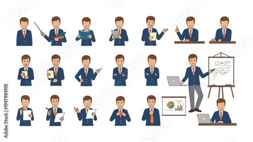 Business Poses: A compilation showcasing a range of businessperson postures and activities, illustrating different aspects of the profession. 
