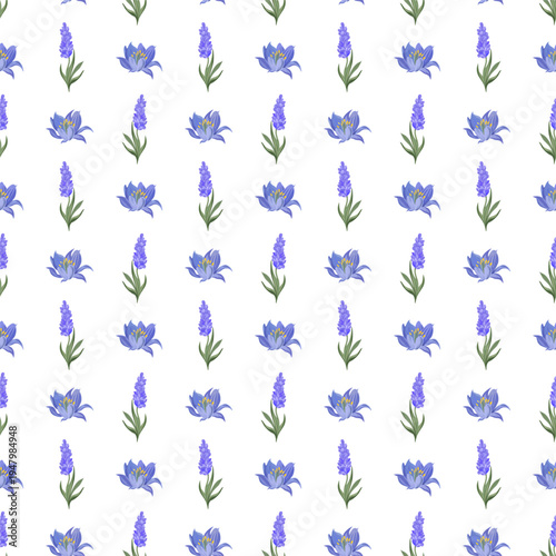Seamless vector pattern with lavender spring flowers arranged in neat rows on white background. Decorative geometric floral repeat for textile and print.