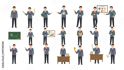Multifaceted Professional in Action: A collection of illustrations showcasing a versatile businessman in diverse poses and activities, representing various facets of a corporate career.