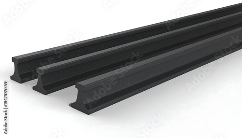 Three parallel, black, grooved metal pieces lie diagonally.  The angled lighting enhances the dark surfaces against a white background
