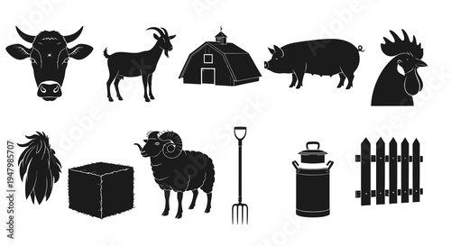Livestock Farm Animals and Rural Barn Silhouette