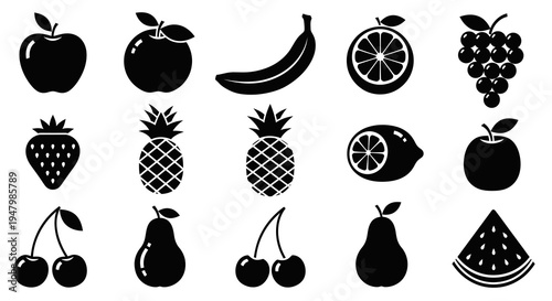 Fresh Organic Fruit Silhouette Icon Collection