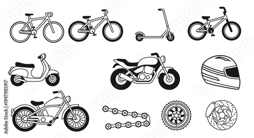 Transportation Set of Bicycles Motorcycles and Parts