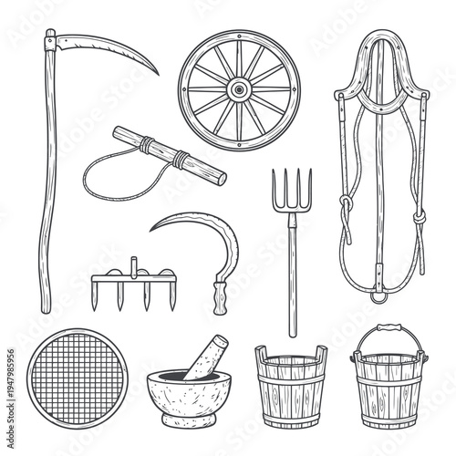 Hand Drawn Vintage Traditional Farming and Agriculture Tools