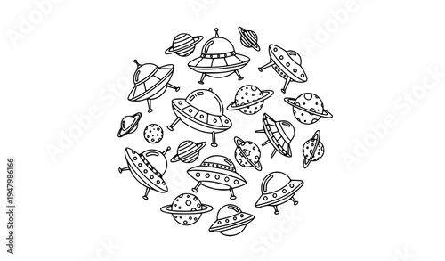 Hand drawn UFO and ringed planet doodle vector set playful space spaceship icons