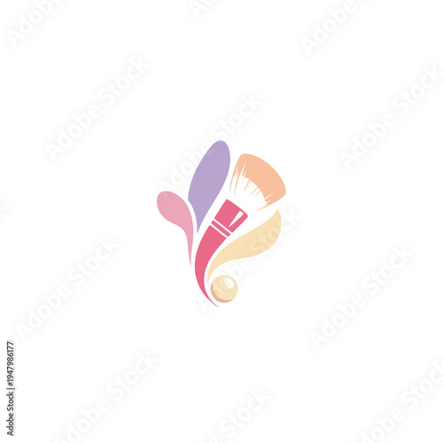 Makeup brush with pastel abstract shapes and pearl, beauty logo concept