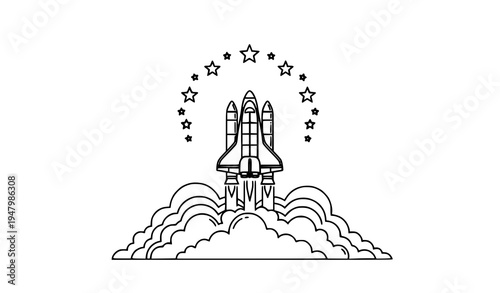 Space shuttle launch doodle vector illustration with stars and clouds space exploration icon