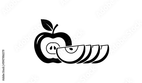 Black and white apple with slices vector illustration fruit food icon isolated