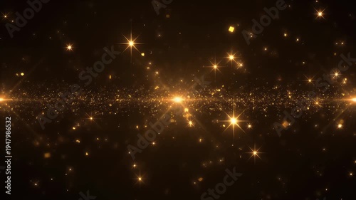 Golden particles and starbursts create a magical and celebratory atmosphere against a dark background.