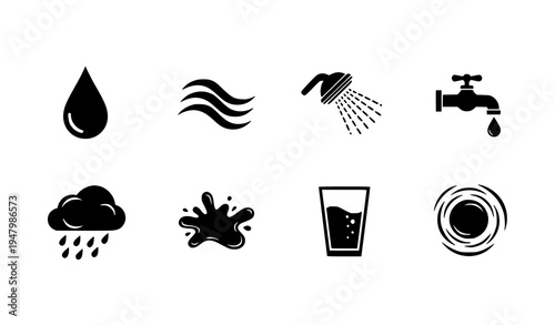 Black water symbol icons collection drop wave faucet and shower vector illustration
