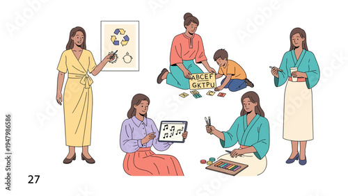 Moments of Nurturing and Learning: A depiction of a mother engaging in various nurturing and educational activities, emphasizing the bond between mother and child.