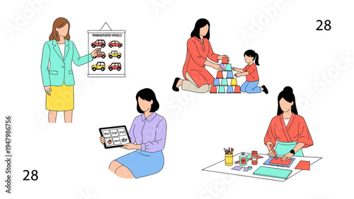 Childcare & Education: A collection of images portraying childcare activities, featuring educators guiding children in learning and play.  