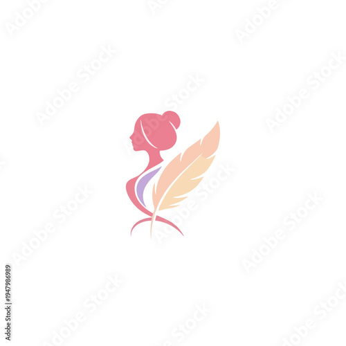 Elegant Woman Silhouette with Feather - Feminine Logo Concept