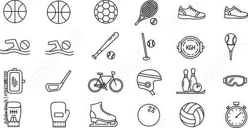 Various Sports Equipment and Activity Icons Set