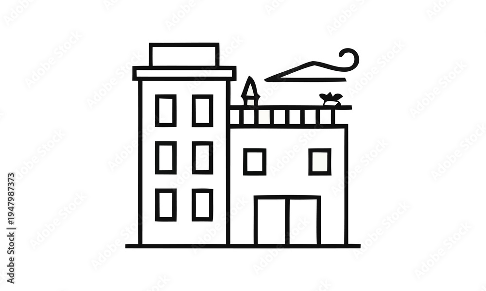 Obraz premium Minimalist apartment building icon with rooftop garden for real estate and sustainable architecture