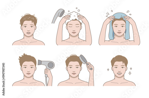 Men hair care routine step by step illustration, male grooming process including washing hair with shampoo, drying with towel and hairdryer, brushing and styling, personal hygiene and daily self care
