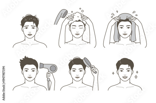 Men hair care routine step by step illustration, male grooming process including washing hair with shampoo, drying with towel and hairdryer, brushing and styling, personal hygiene and daily self care