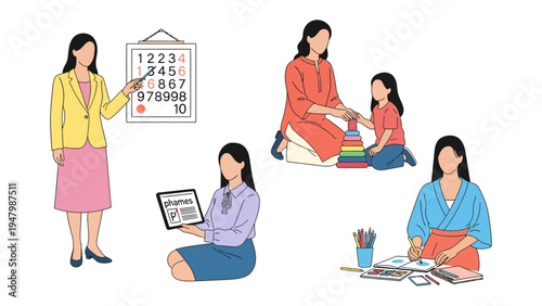 Moments of Nurturing and Learning: A collection of images portraying different aspects of motherhood and early childhood education, emphasizing the importance of guidance, care.