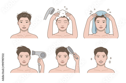 Men hair care routine step by step illustration, male grooming process including washing hair with shampoo, drying with towel and hairdryer, brushing and styling, personal hygiene and daily self care