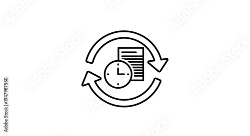 Circular arrows with document and clock icon, representing workflow, time management, and process.