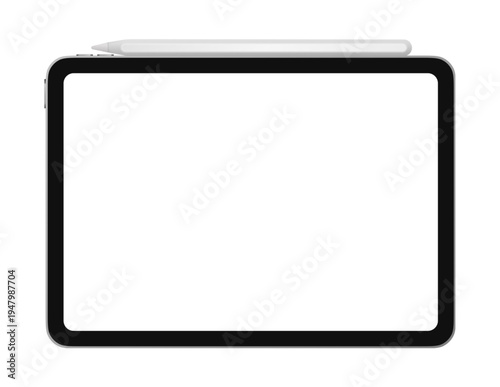 Blank tablet screen with stylus on top isolated on white background for digital design
