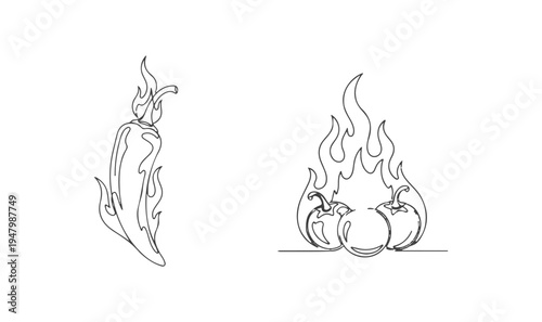 Spicy hot chili pepper and flaming vegetables continuous line art for restaurant menus and spice brand packaging.
