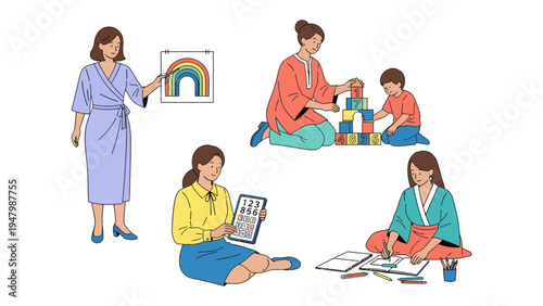 Nurturing Minds and Creativity: A collection of educational illustration depicts various teaching and learning activities, offering a glimpse into the joyful journey of early education.