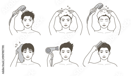 Men hair care routine step by step grayscale illustration, male washing hair with shampoo, drying with towel and hairdryer, brushing and styling, personal hygiene and daily self care guide