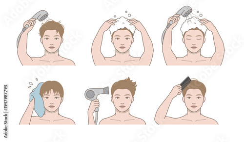 Men hair care routine step by step illustration, male washing hair with shampoo, drying with towel and hairdryer, brushing and styling, personal hygiene and daily self care guide