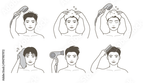 Men hair care routine step by step grayscale illustration, male washing hair with shampoo, drying with towel and hairdryer, brushing and styling, personal hygiene and daily self care guide