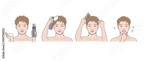 Men Hair Styling with Mousse Step by Step, Applying Product and Combing Process, Hairstyling Tutorial and Grooming Routine Infographic Illustration