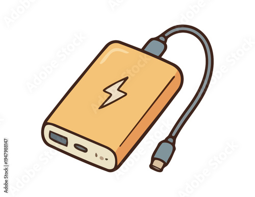 Yellow portable power bank with usb cable and lightning symbol on white background