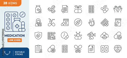 Medication icon set. Outline icons collection. editable stroke. Vector illustration