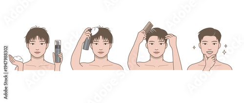 Man hair styling routine with mousse illustration, step by step male grooming process showing applying hair foam, combing and shaping short hairstyle, modern men self care and hairstyling guide