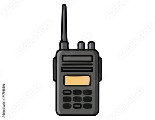 Black handheld two way radio with antenna and keypad on white background