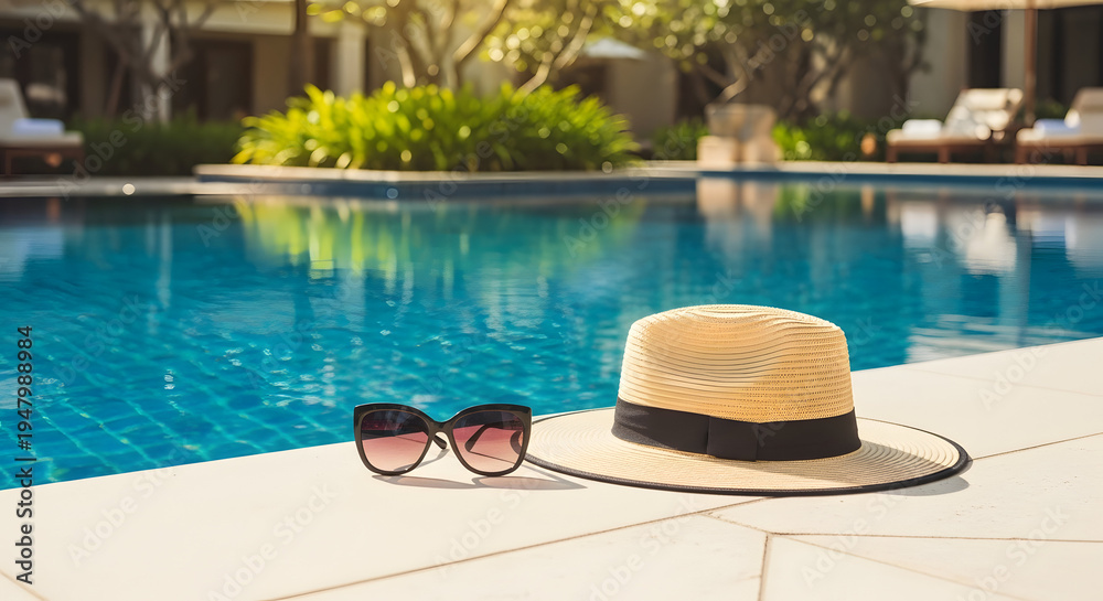 Obraz premium Relaxation by the poolside with stylish accessories