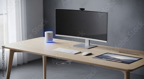 Modern Minimalist Office Desk with Computer Monitor.