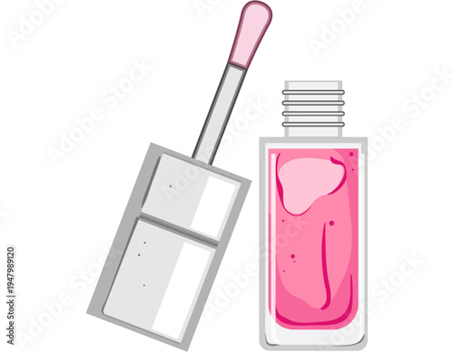 Pink nail polish bottle and open silver cap with brush