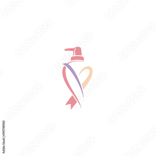 Cosmetic bottle with heart ribbon logo, beauty and care concept