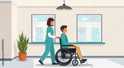 Caring vector illustration of a nurse assisting a patient in a wheelchair in a well-lit room, symbolizing healthcare and support