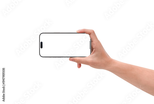 Hand showing smartphone with blank screen isolated.