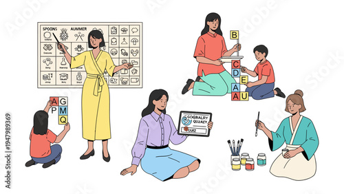 Diverse Moments of Learning: Capturing a variety of educational scenarios, the image illustrates moments of guidance, creativity, and exploration within a nurturing educational environment.