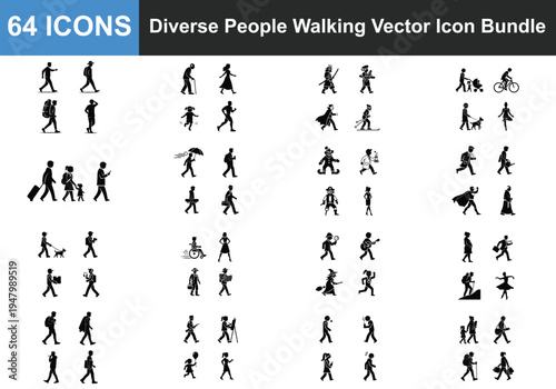 Diverse people walking vector icon bundle with black silhouettes of different characters