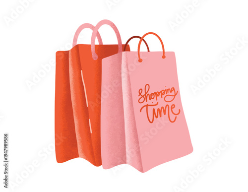 Colorful shopping bags with shopping time text on pink bag