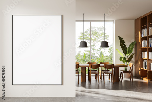 Large interior wall poster mockup in modern bright room with dining area and bookshelf wooden details interior.. "" 3D Rendering