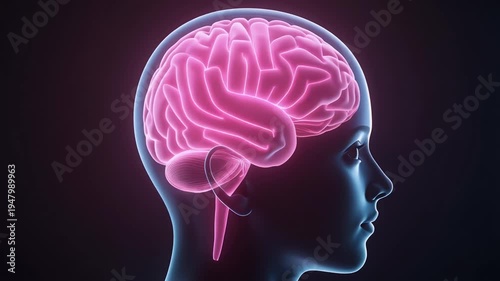 Anatomical visualization of a human brain within a translucent head silhouette.