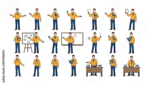 Versatile Business Man in Action: A dynamic illustration showcases a business man in various poses and interactions, highlighting professional activities and presenting a range of gestures. 