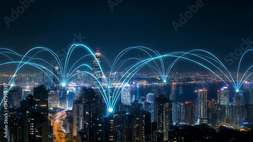 A vibrant cityscape at night is illuminated by glowing blue lines connecting buildings, symbolizing a digital network.