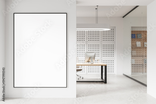Large blank poster mockup in bright modern office interior with clean wall and minimal design layout concept. 3D Rendering